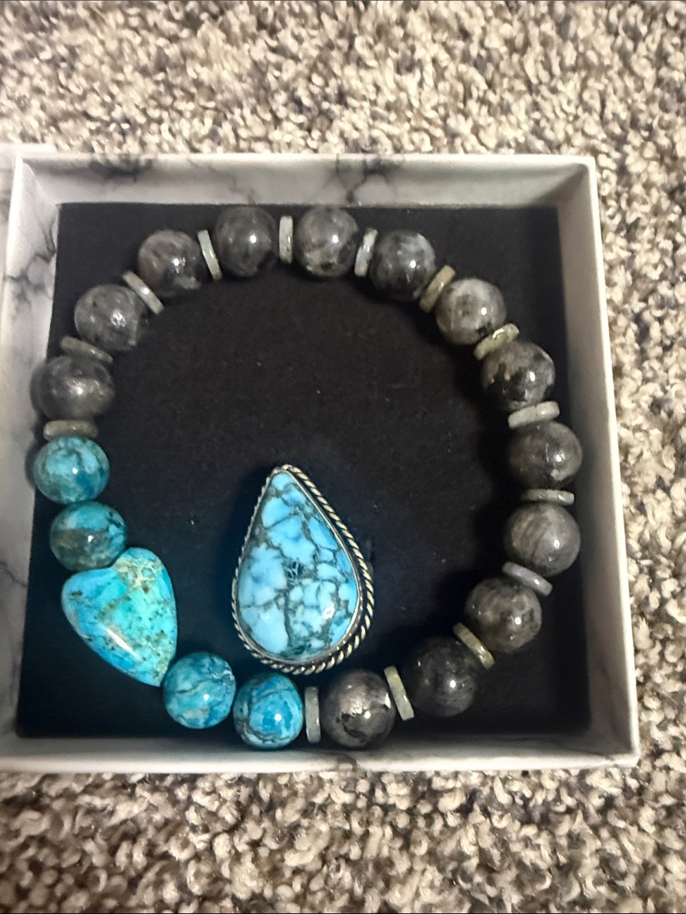 Turquoise and Gray Beaded Stretch Bracelet with Teardrop Ring